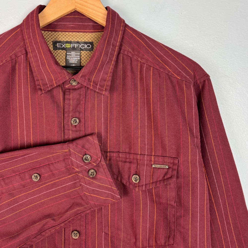 Exofficio Men's Large‎ Red Striped Long Sleeve Button Up Shirt Polyester Pockets